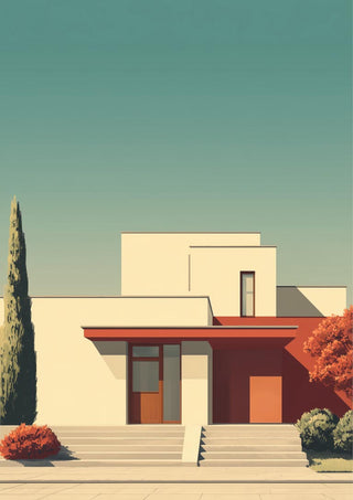 Minimalist modern house with geometric shapes, greenery, and clear sky; Floria Keys by David Wolf album cover.