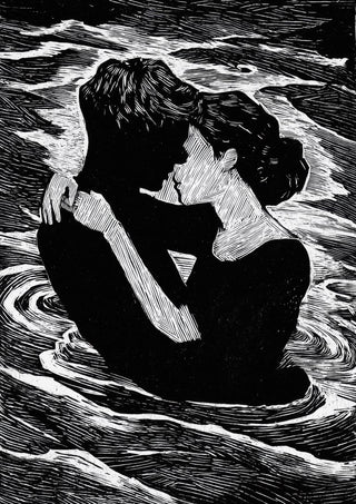 Black and white illustration of a couple embracing in water, featured on Silhuet Lovers by Martin Zen.