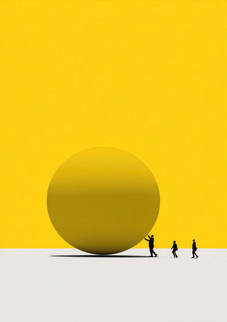 Minimalist cover art for Overcome by Martin Zen, showing figures pushing a large yellow sphere on a plain background.