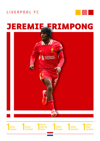 Jeremie Frimpong in Liverpool kit on a red poster, with club stats and achievements displayed below.