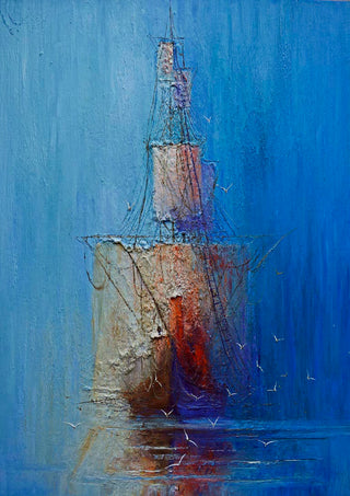 Impressionist painting of a ship on calm water against a textured blue background by Justyna Kopania.