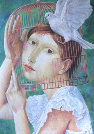 Painting of a woman inside a birdcage with a white dove perched on top, from A Quiet Escape by Alesandr Mihaltchuk.