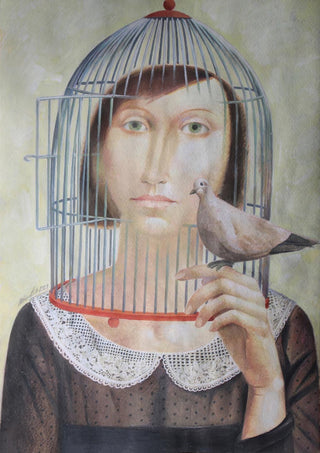 A woman with a birdcage on her head holds a dove; cover art for The Gentle Prison by Alesandr Mihaltchuk.