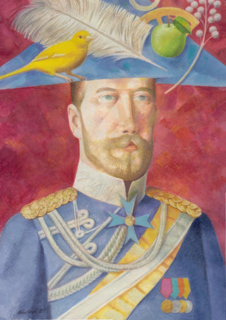 Surreal portrait of a decorated man in uniform with a feathered hat, yellow bird, and fruit.