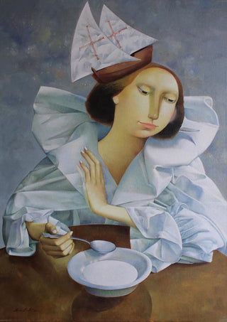 Surreal portrait of a woman in white with paper boats on her head, seated at a table with a bowl and spoon.