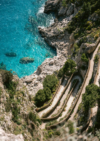 Scenic view of Gardens of Augustus terraces overlooking turquoise sea and rocky coastline.