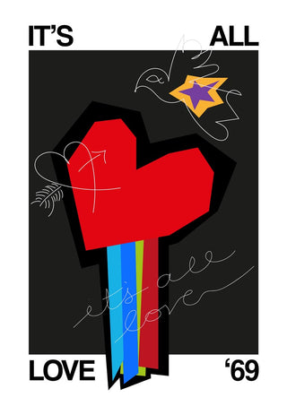 Abstract heart with colorful stripes, dove, and "It's All Love '69" text on black background for All Love Black product.
