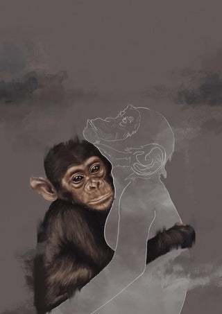 A chimpanzee embraces a transparent, sketch-like figure in Gabriella Roberg's "Where Art Thou" artwork.