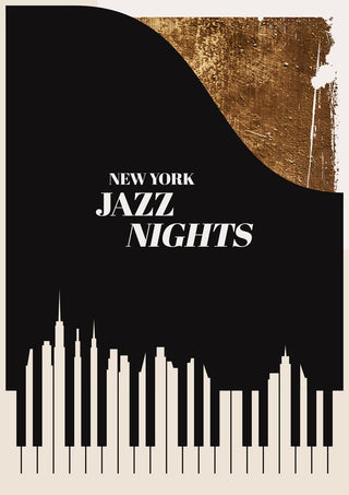 Abstract New York cityscape with gold accents and bold "Jazz Nights" text for the Jazz Nights - Kubistika product page.