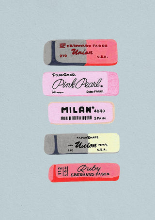Illustration of five vintage erasers in various colors and brands on a light gray background.