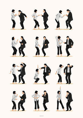 Illustration of iconic Pulp Fiction dance scene in 16 steps by Nour Tohme, two characters dancing.