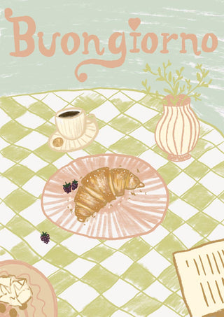 Illustration of a croissant, coffee, and berries on a table with "Buongiorno" written above for the product page.