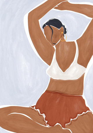 Abstract illustration of a woman doing yoga in an ivy green bikini on a light background.