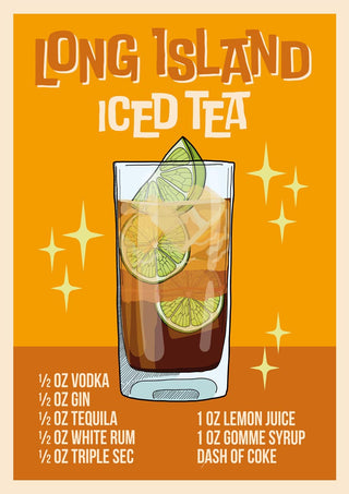 Illustrated Long Island Iced Tea wallchart with recipe, showing a cocktail glass with lime slices.
