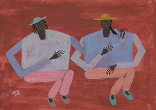 Two abstract figures in hats sit together on a reddish background, gently touching each other's shoulders.