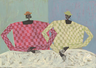 Abstract art of two figures in checkered shirts, one red and one yellow, sitting side by side with hats.