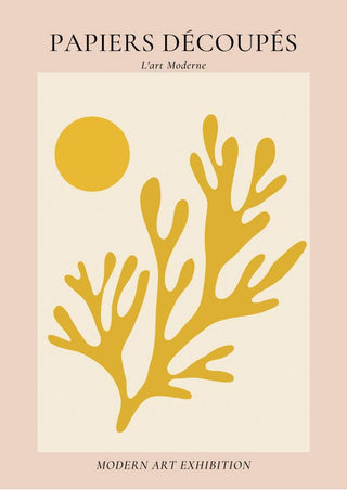 French art-inspired poster with abstract yellow coral and circle on beige, text "Papiers Découpés".