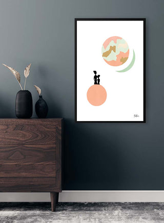 Minimalist art print by Sara Sonne-Heldby featuring abstract shapes and a silhouette, displayed above a dresser.