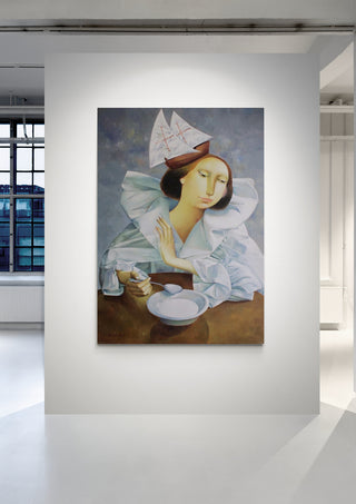 Painting of a seated figure in white attire and hat, with neutral tones, from The Quiet Crossing by Alesandr Mihaltchuk.