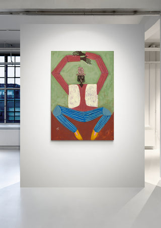 Painting of abstract figure with striped pants and yellow shoes, displayed in a modern gallery for Open Up - Studio IMO.