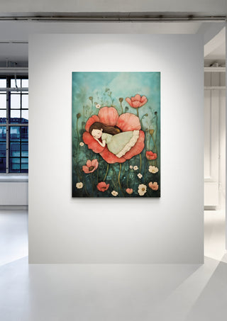 Sleeping in the Poppy by Annika Persson: Woman peacefully resting inside a large poppy flower, surrounded by blooms.