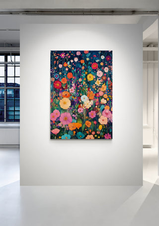 Colorful floral painting "Summer Dreams" by Annika Persson displayed on a white gallery wall.