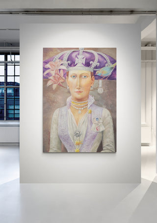 Large painting of a regal figure in a purple hat and ornate attire, displayed on a white gallery wall.