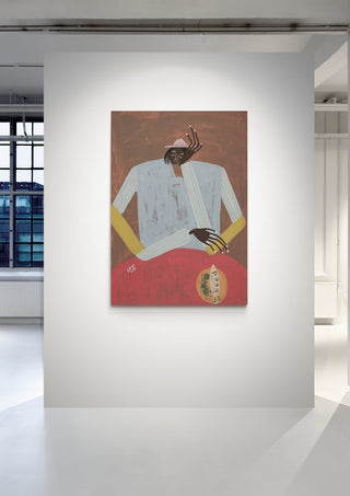 Painting of a seated figure with abstract shapes and muted colors, displayed at Clear My Head - Studio IMO.