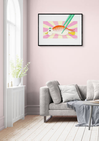 Framed Beaked Nigiri - Nanna Paavig art print displayed above a modern sofa in a bright living room.