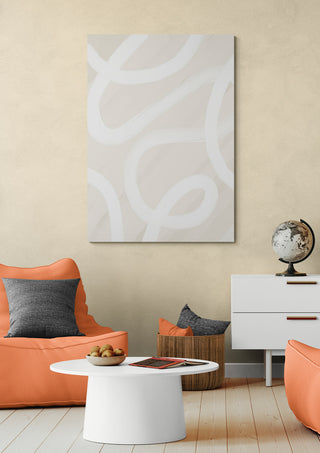 Calm Gesture - Yuli abstract wall art displayed in a modern living room with orange chairs and white accent furniture.