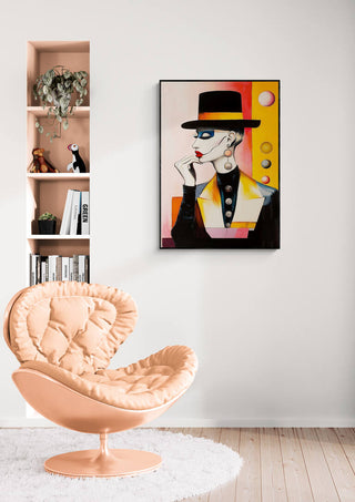 Miss Mister - Martin Zen artwork hanging above a peach accent chair in a modern living space.