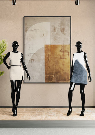 Two mannequins display modern Autumn Dream 04 dresses in front of an abstract neutral-toned painting.