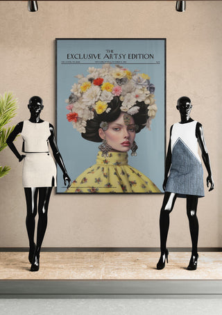 Poster of Flowerpot Artsy Edition with a floral headpiece, displayed behind two mannequins in modern dresses.