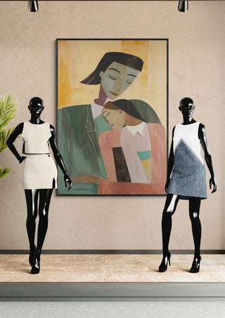 Framed "Mother's Love - Martin Zen" painting displayed on a wall behind two mannequins in modern dresses.