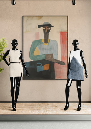 Abstract painting of a pianist by Martin Zen displayed behind two mannequins in modern dresses.
