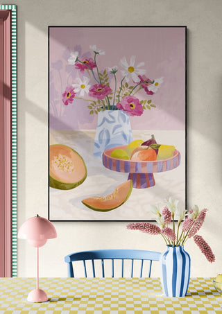 Colorful still life of fruit and flowers in vases, featured on the Fruit Break - Goed Blauw product page.