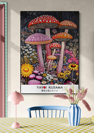 Art print of Yayoi Kusama's Tall Shrooms, featuring colorful mushrooms and flowers in a modern room setting.