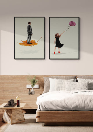 Framed art print of a girl holding a brain-shaped balloon, Banksy inspired by Coco de Paris, displayed above bed.