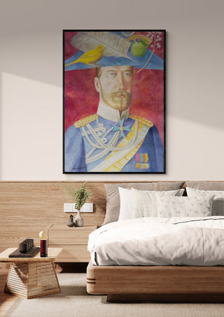 Framed painting of a decorated man in uniform with surreal elements, displayed above a modern bed.