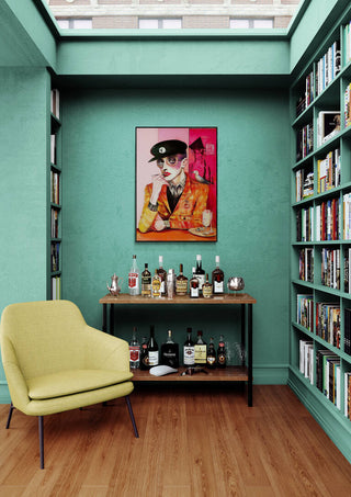 Mr. Sparrow - Martin Zen artwork hanging above a bar cart in a modern, teal-colored home library.