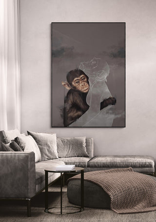 Where Art Thou by Gabriella Roberg artwork featuring a chimpanzee, displayed above a modern living room sofa.