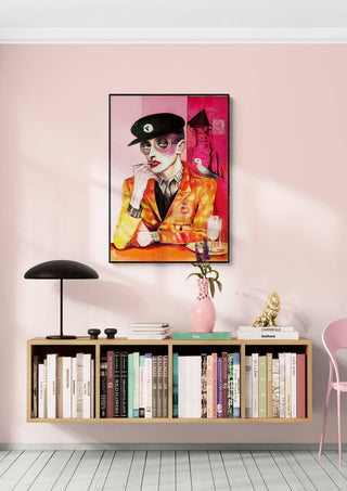 Framed Mr. Sparrow - Martin Zen artwork on a pink wall above a shelf with books, lamp, and decor items.
