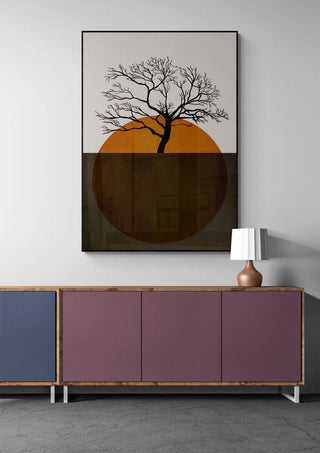 Framed "Winter Days" by Boris Draschoff above a modern sideboard and lamp in a minimalist room.