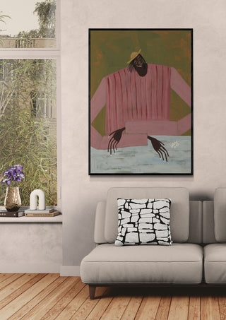 Framed "For Now I Dont" artwork by Studio IMO displayed above a beige sofa in a modern living room.