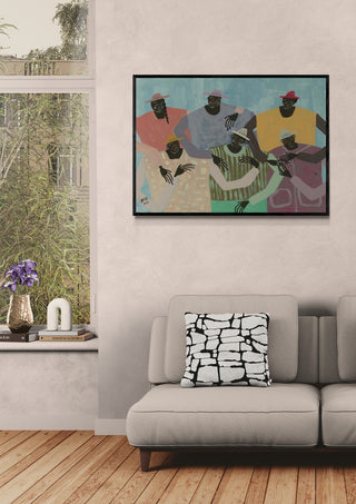 Group Chat artwork by Studio IMO displayed above a modern sofa in a stylish living room setting.