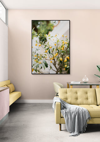 Framed Orange Capri botanical art on a light pink wall above a modern beige sofa in a stylish living room.