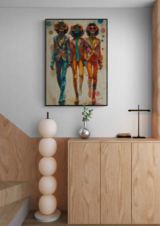 Framed Wackie Jackies - Tara Green artwork hanging above a modern wooden cabinet in a stylish room.