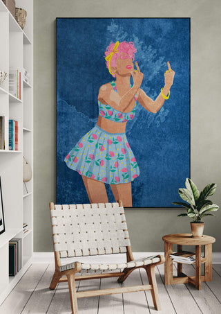 Framed artwork "Not your girl" by Raissa Oltmanns displayed in a modern living room setting.
