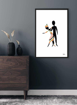 Framed "Trust" art poster by Sara Sonne featuring two abstract human figures, displayed in a modern interior setting.