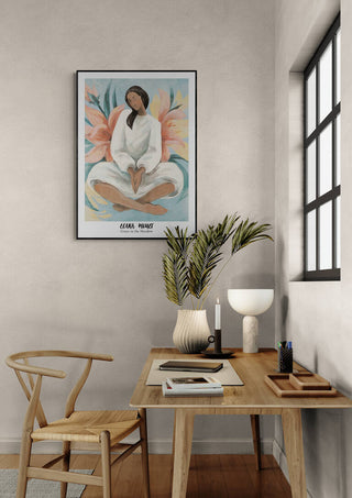 Grace in the Meadow - Elara Monet art print hanging above a desk with decor, chair, and window nearby.